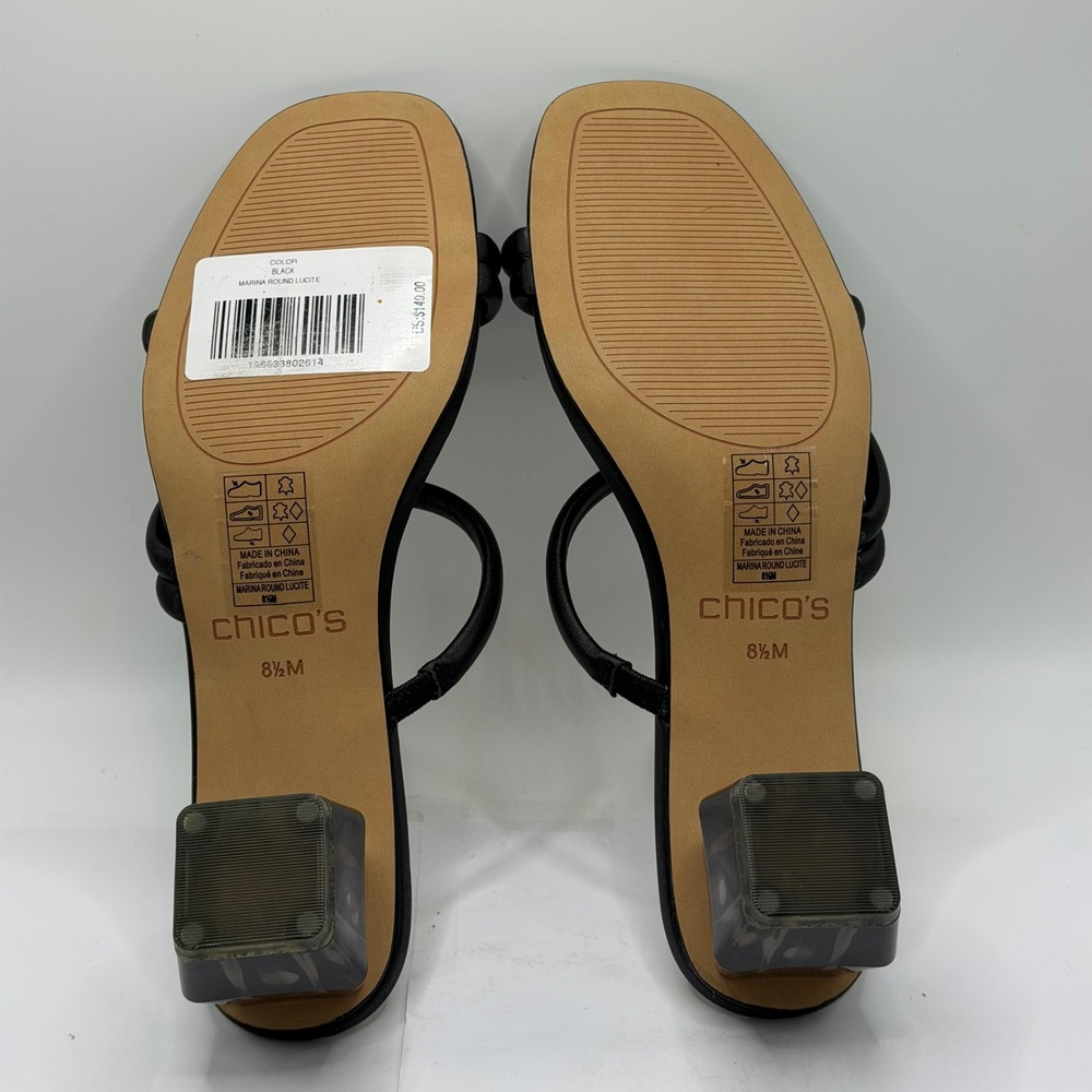 Chicos Marina Round Lucite Sandals Black Leather Triple Strap Block Heel 8.5 - Picture 10 of 10